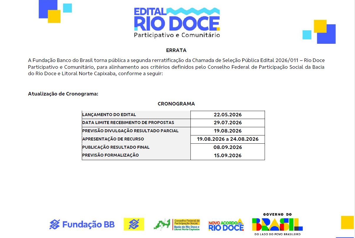 Novo prazo: inscrições para o Edital Rio Doce Participativo e Comunitário seguem até 29 de julho