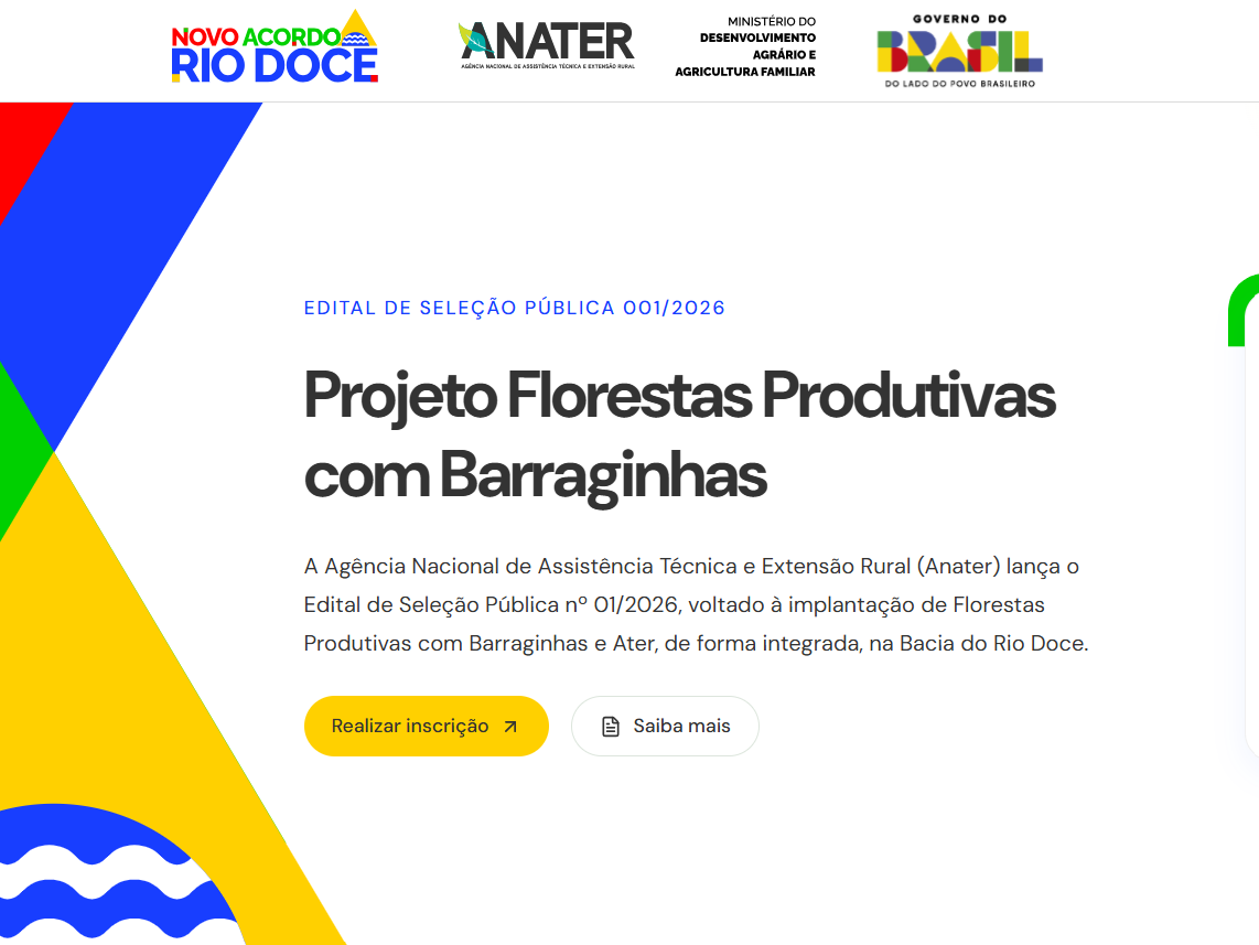 Anater abre seleção para entidades que vão executar projeto de Florestas Produtivas e Barraginhas na Bacia do Rio Doce