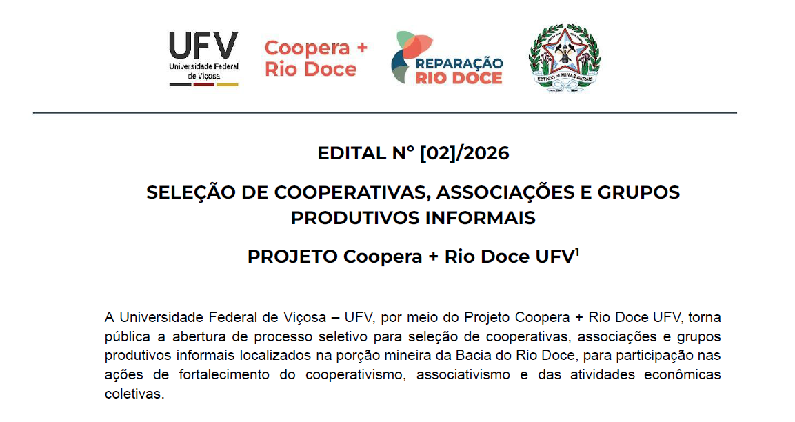 Projeto Coopera + Rio Doce UFV abre seleção para fortalecer associações e grupos produtivos